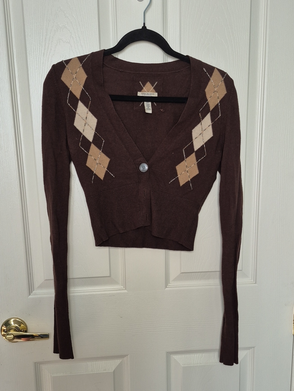 Abercrombie & Fitch Brown Argyle Cropped Cardigan